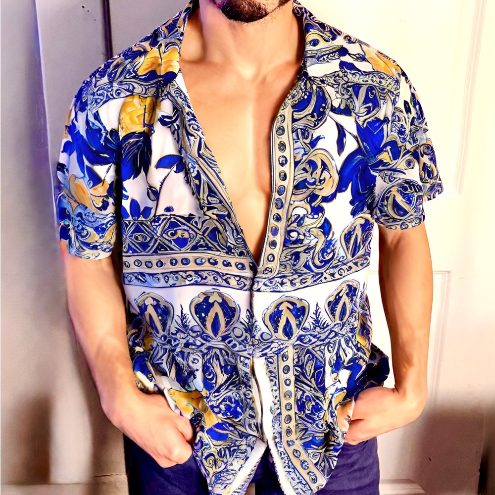 Express Blue and Yellow Casual Button Down Shirt